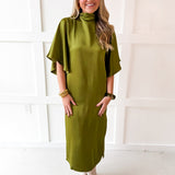 Flowy Satin Tie Back Midi Dress - Olive