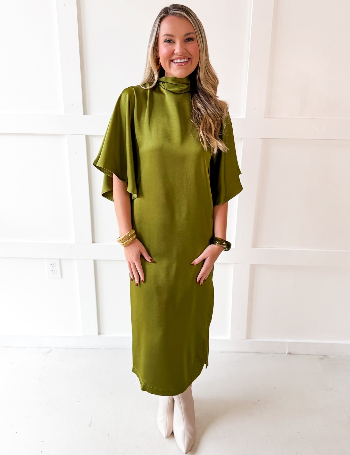 Flowy Satin Tie Back Midi Dress - Olive