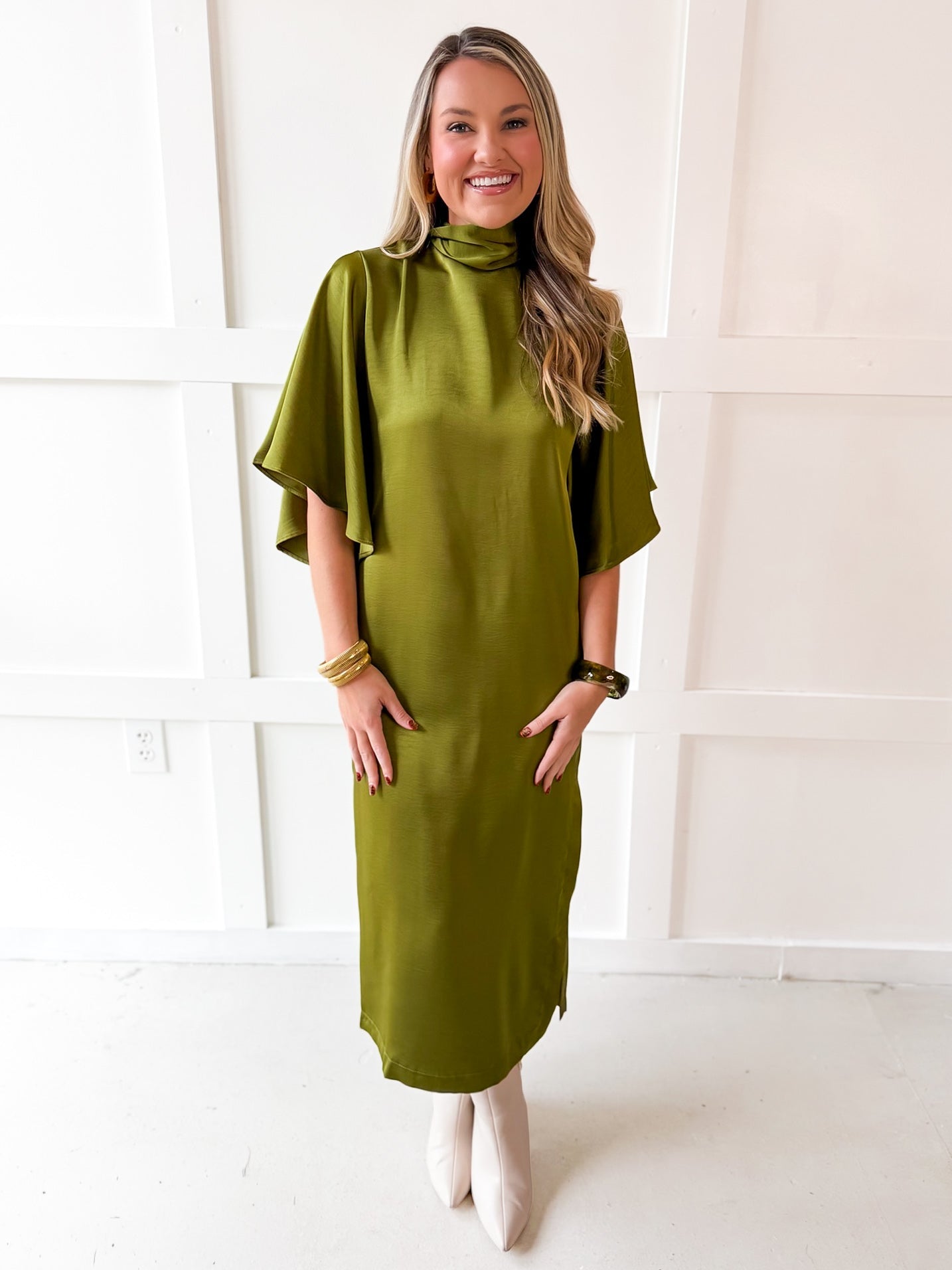 Flowy Satin Tie Back Midi Dress - Olive