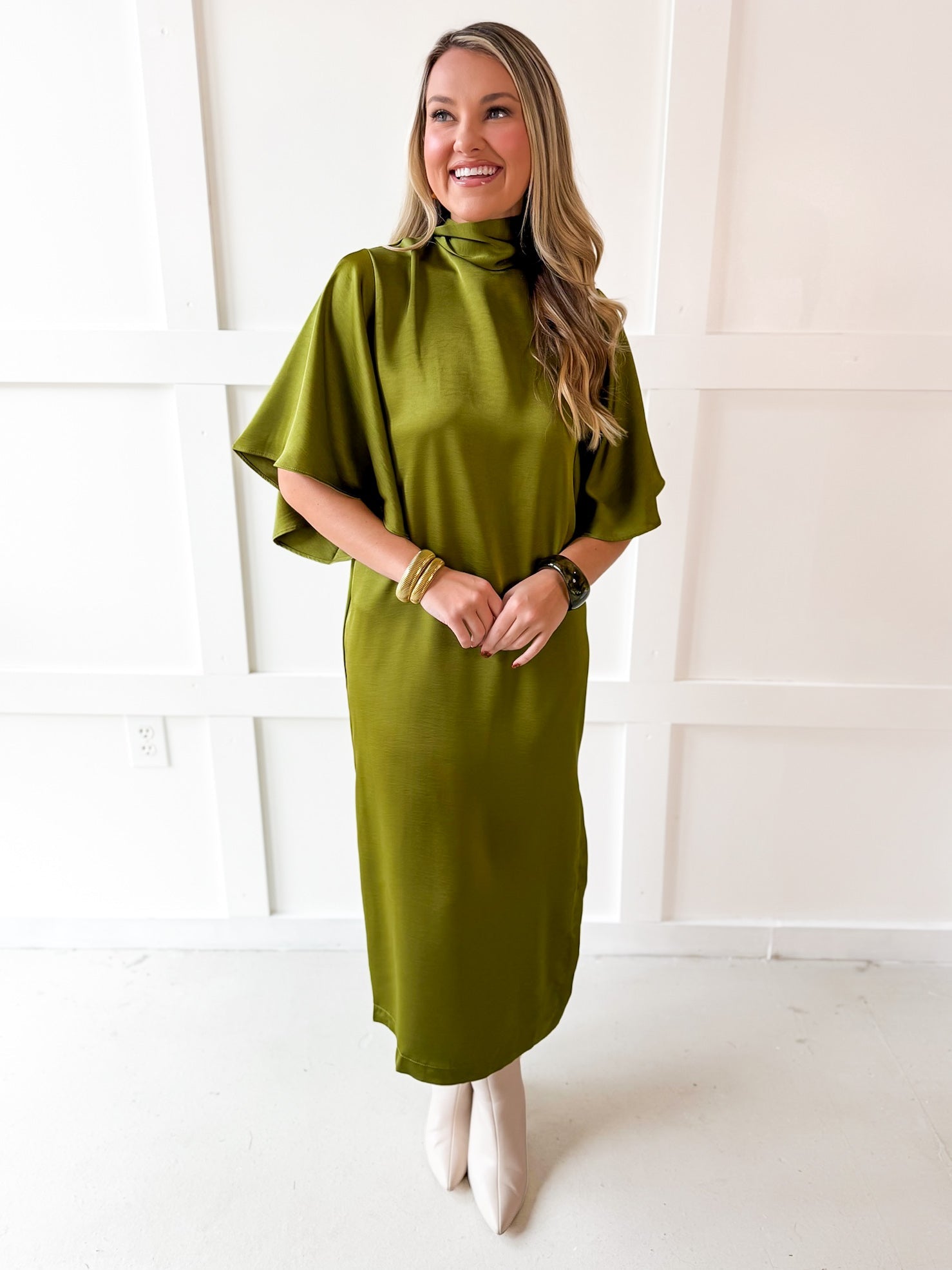 Flowy Satin Tie Back Midi Dress - Olive