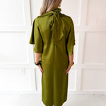 Flowy Satin Tie Back Midi Dress - Olive