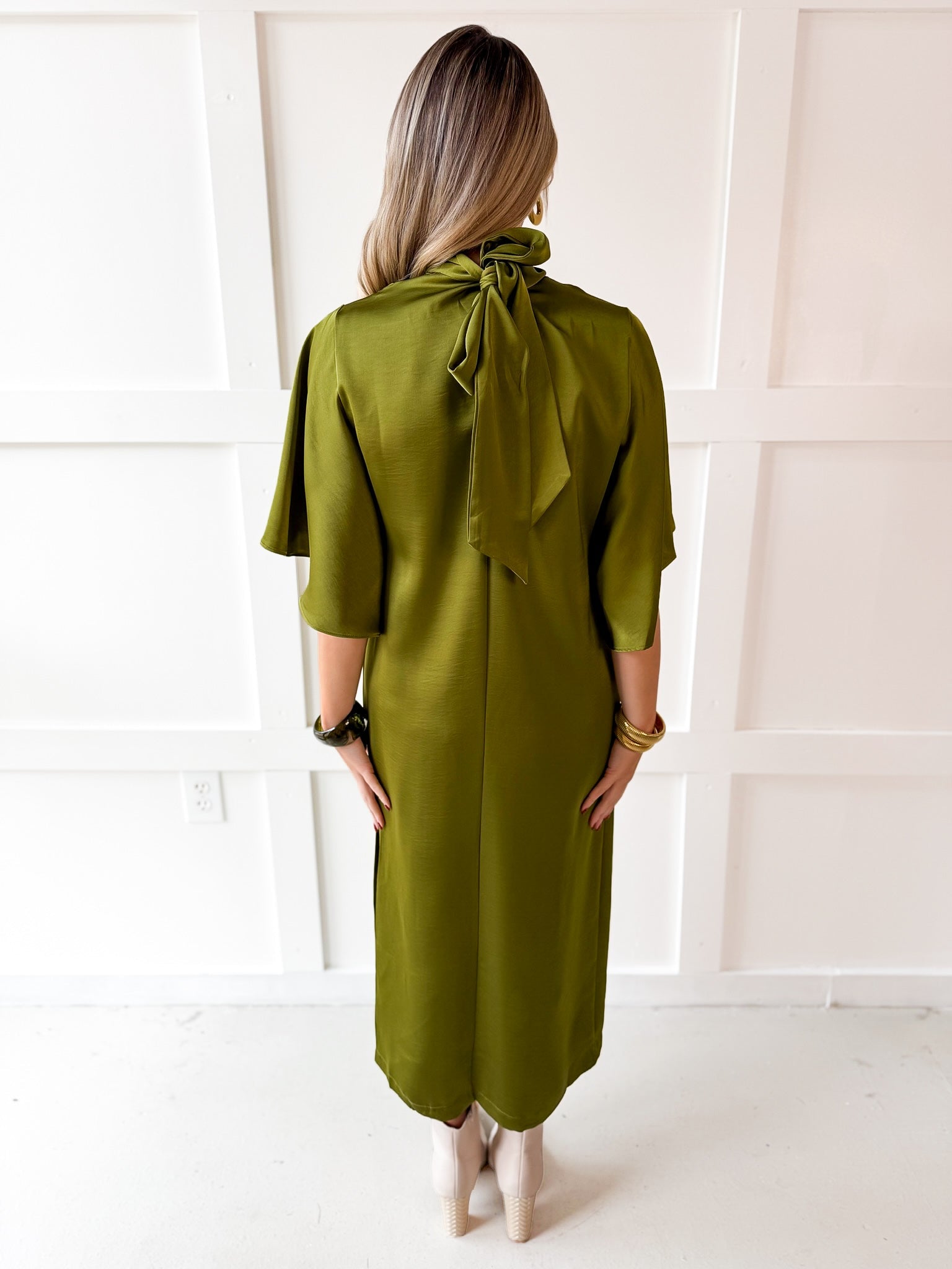 Flowy Satin Tie Back Midi Dress - Olive