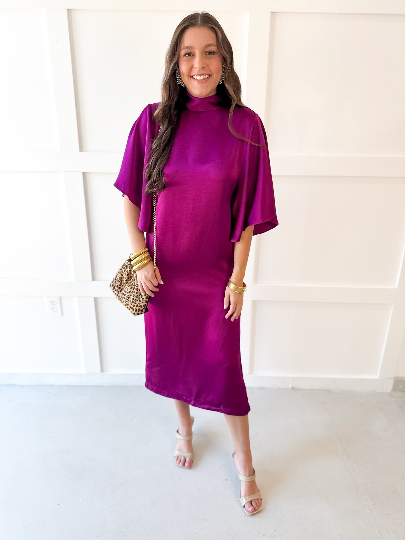 Flowy Satin Tie Back Midi Dress - Plum