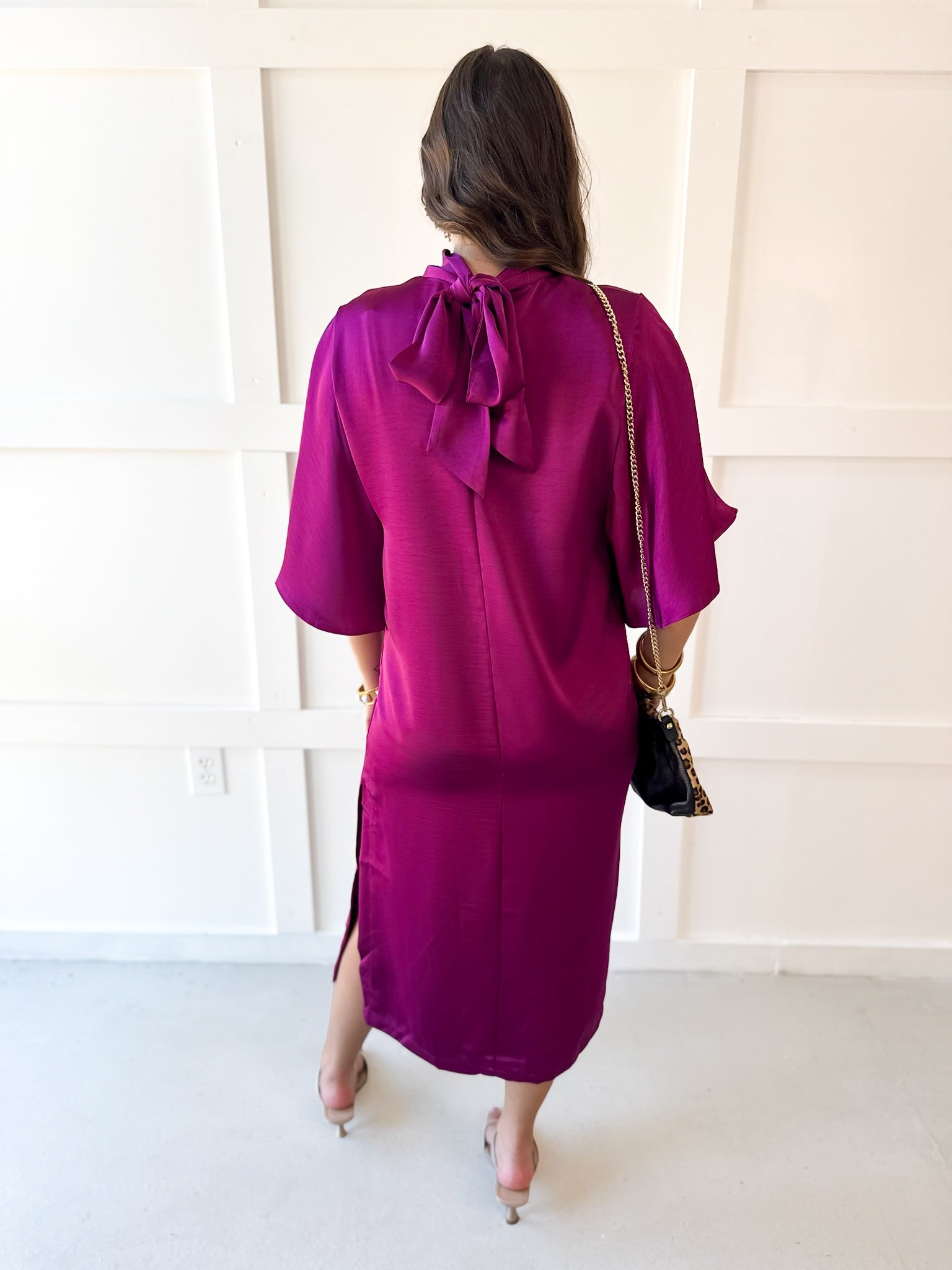 Flowy Satin Tie Back Midi Dress - Plum