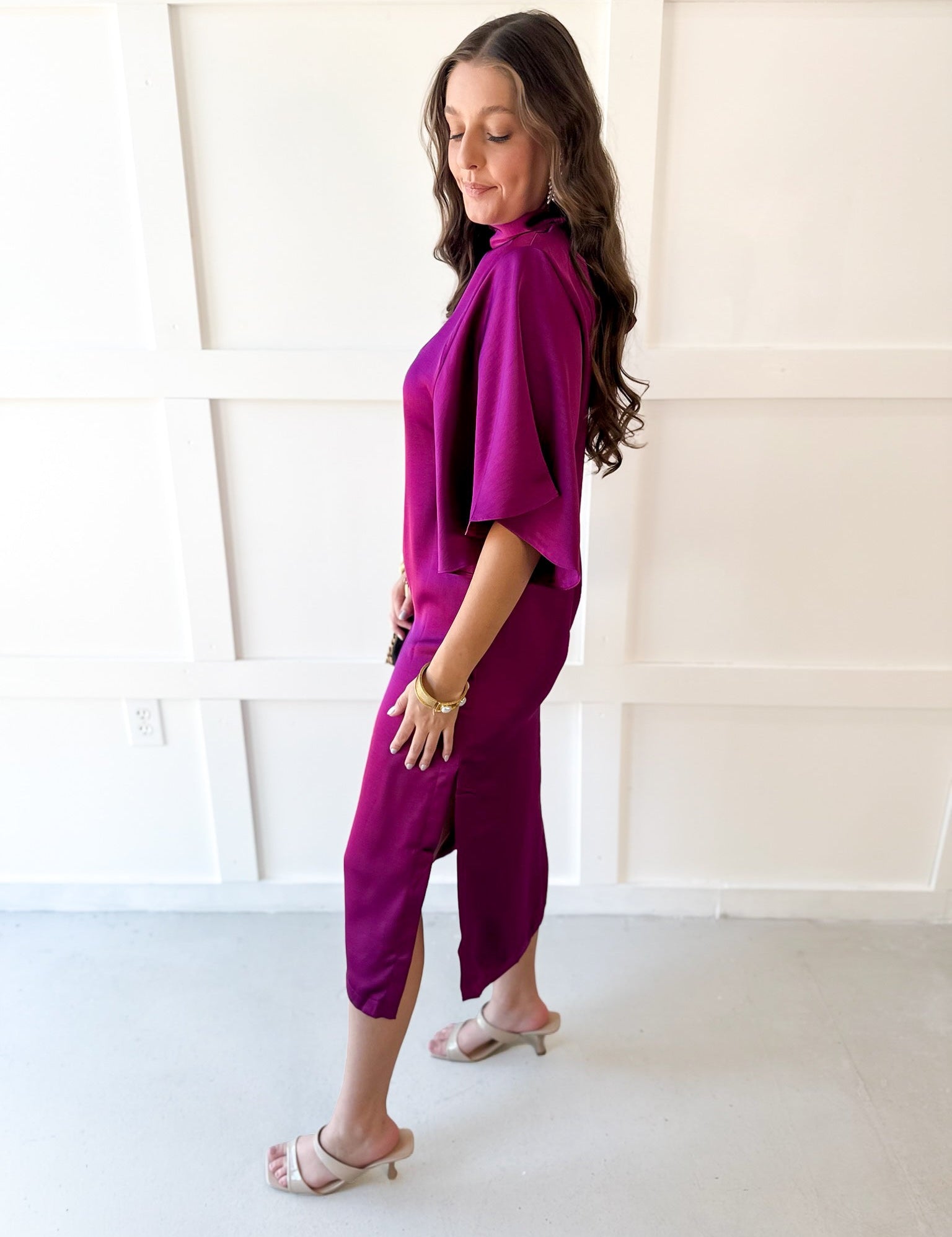 Flowy Satin Tie Back Midi Dress - Plum