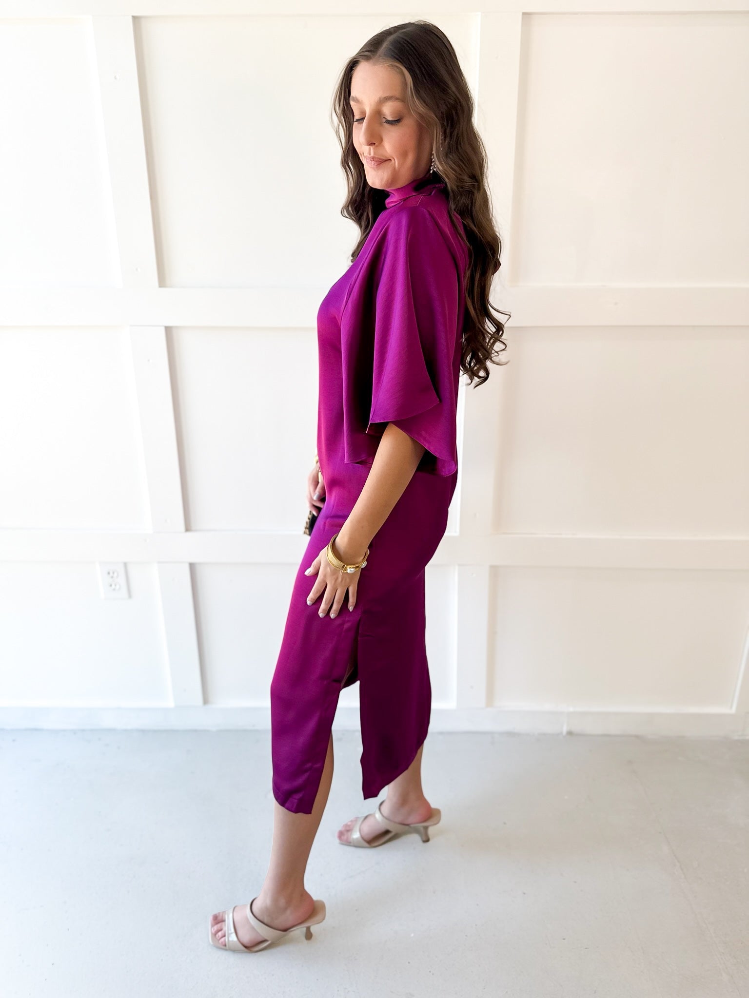 Flowy Satin Tie Back Midi Dress - Plum