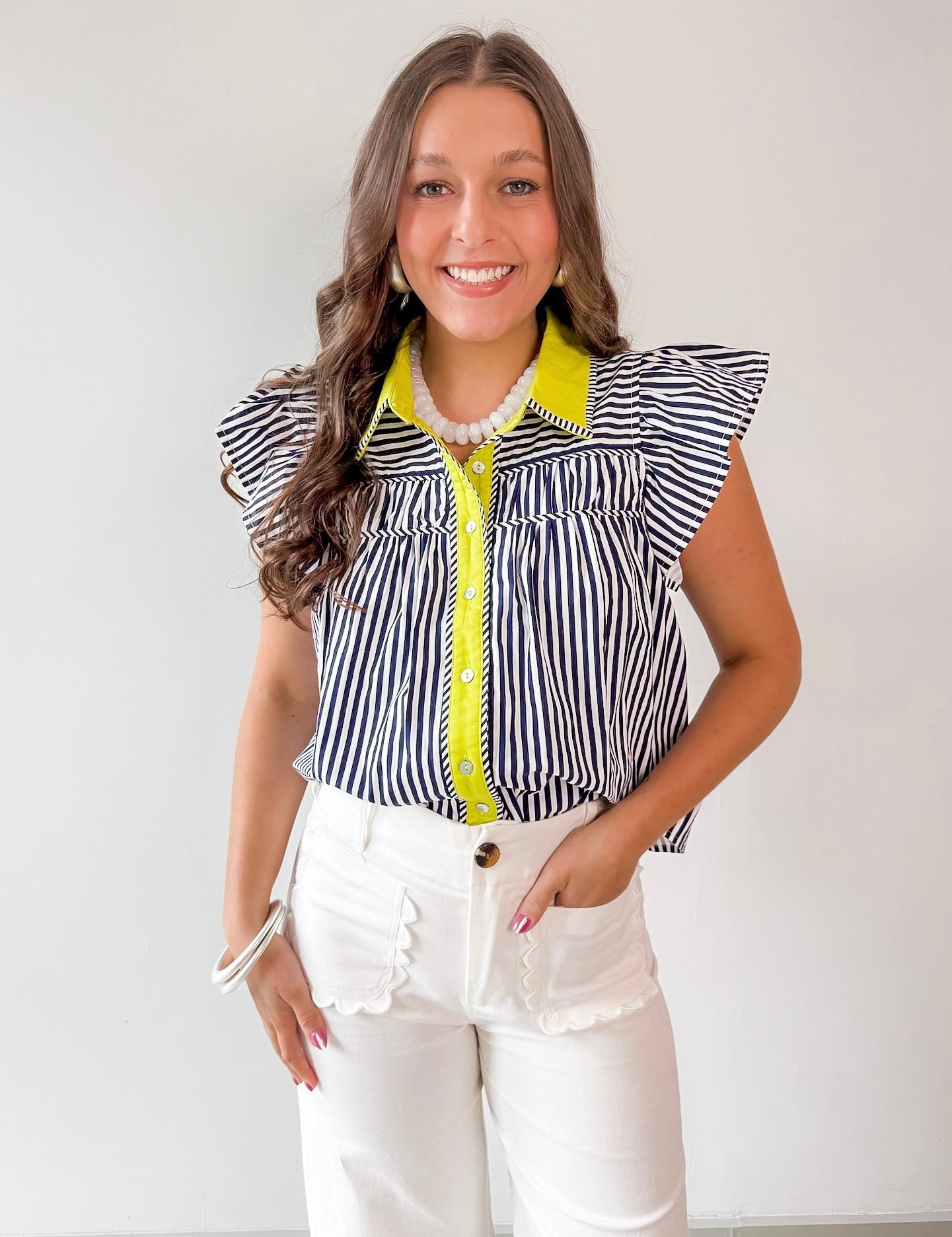 Flutter Sleeve Navy White with Lime Collar Top
