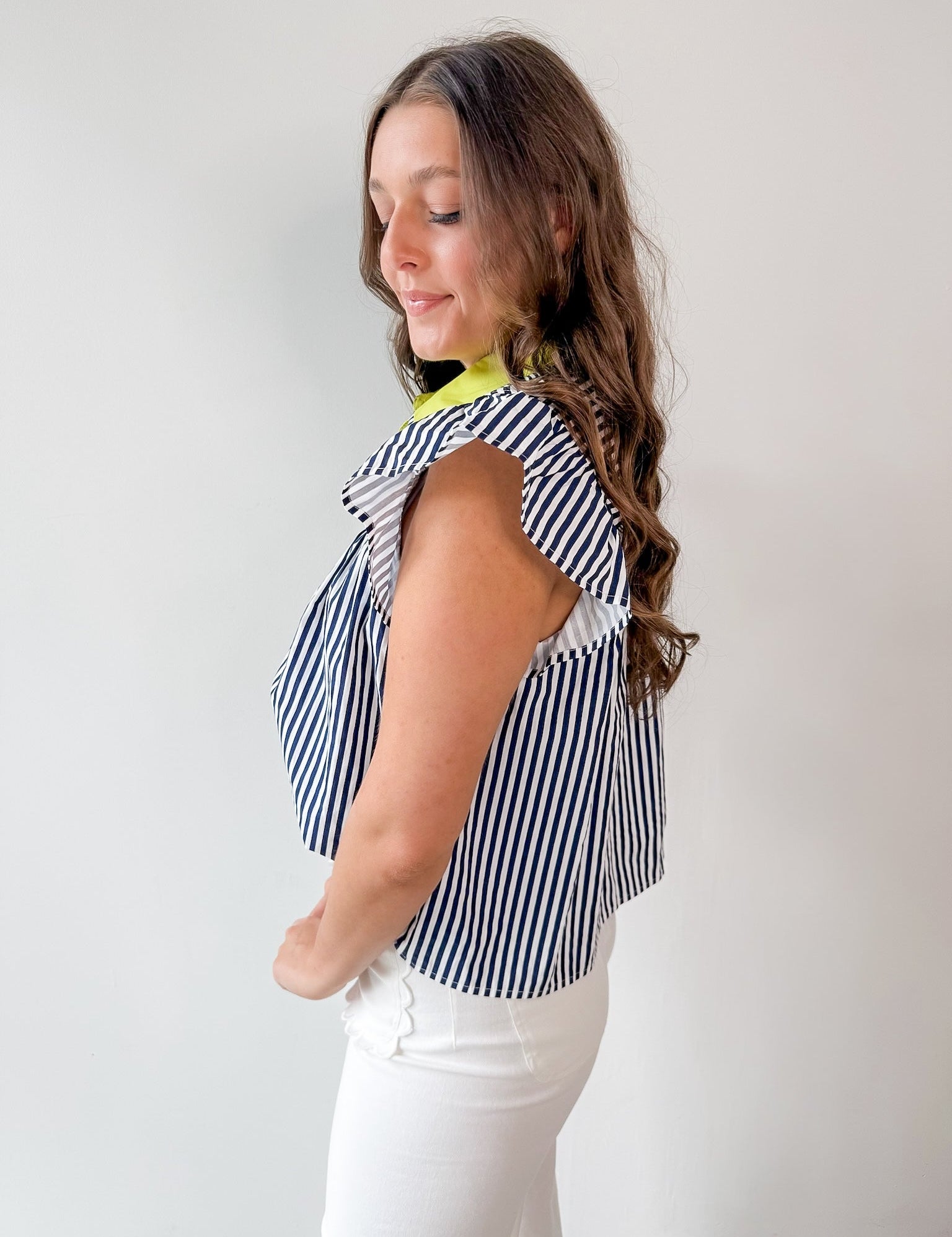Flutter Sleeve Navy White with Lime Collar Top