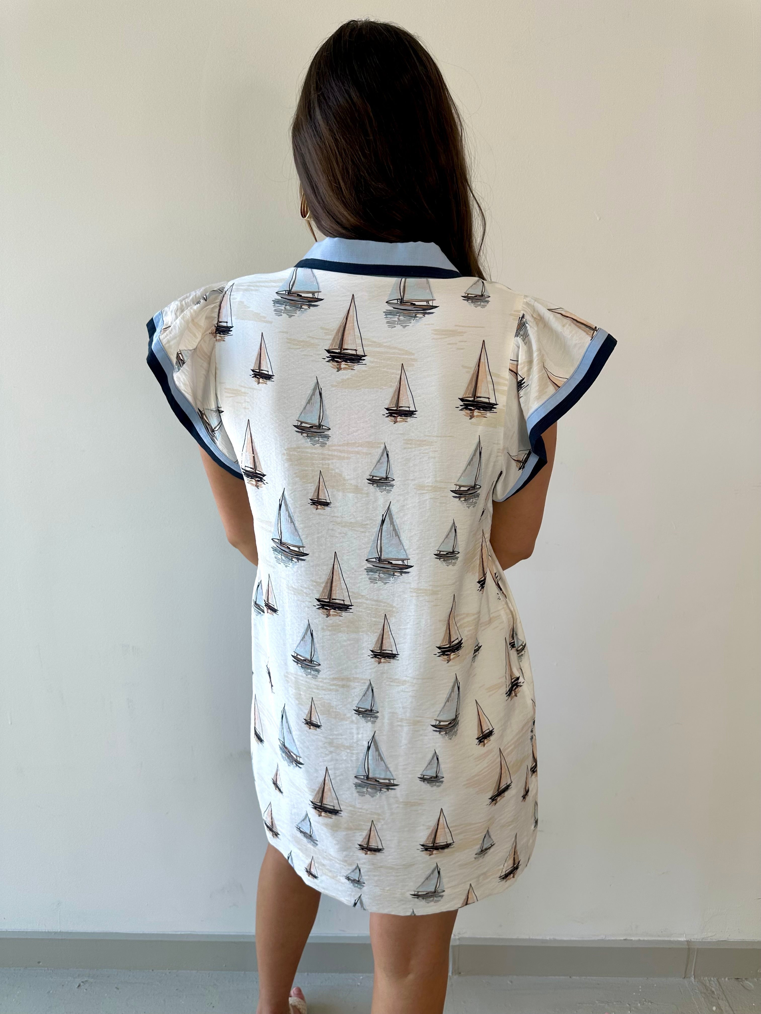 Flutter Sleeve Sailboat Print Dress