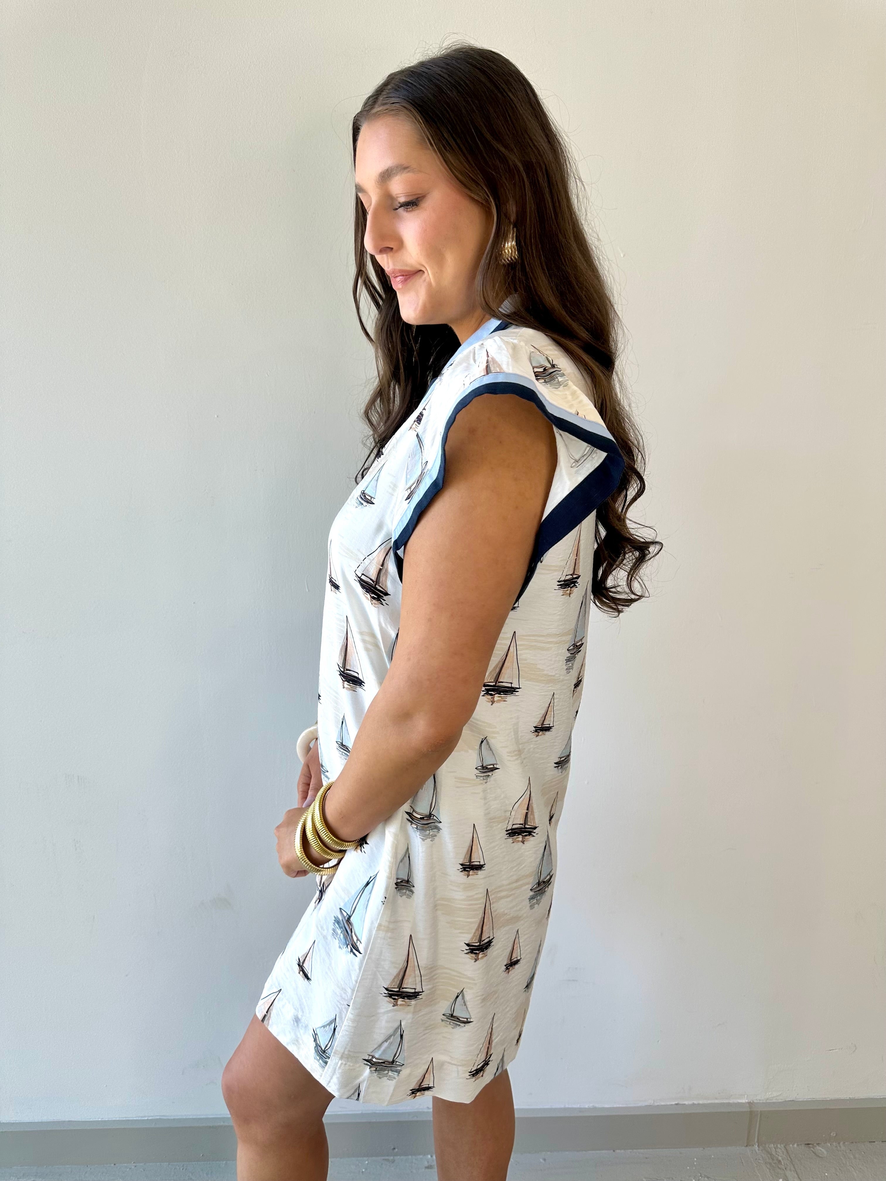 Flutter Sleeve Sailboat Print Dress