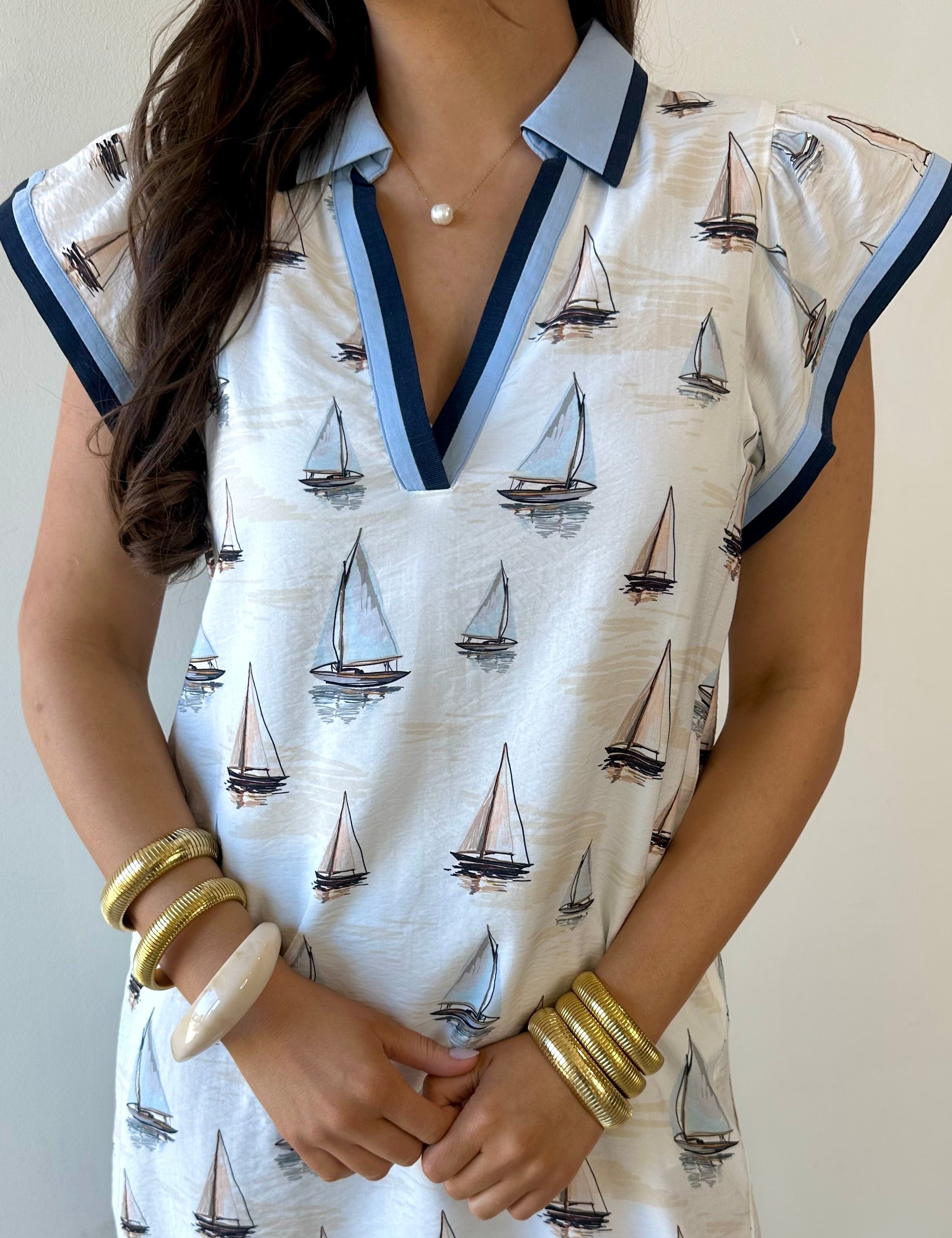 Flutter Sleeve Sailboat Print Dress