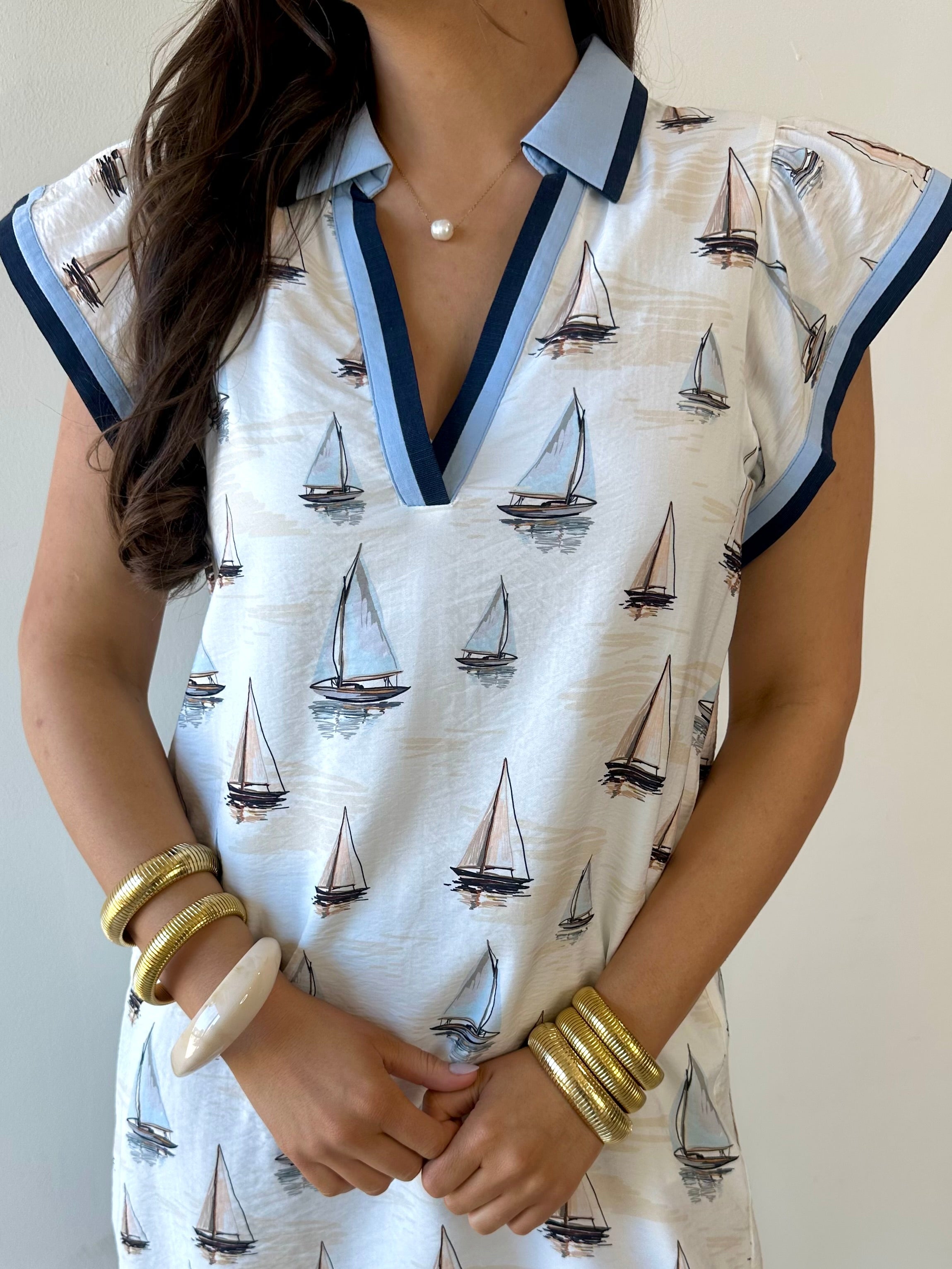 Flutter Sleeve Sailboat Print Dress