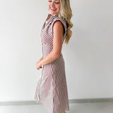 Flutter Sleeve Stripe Dress - Brown/white