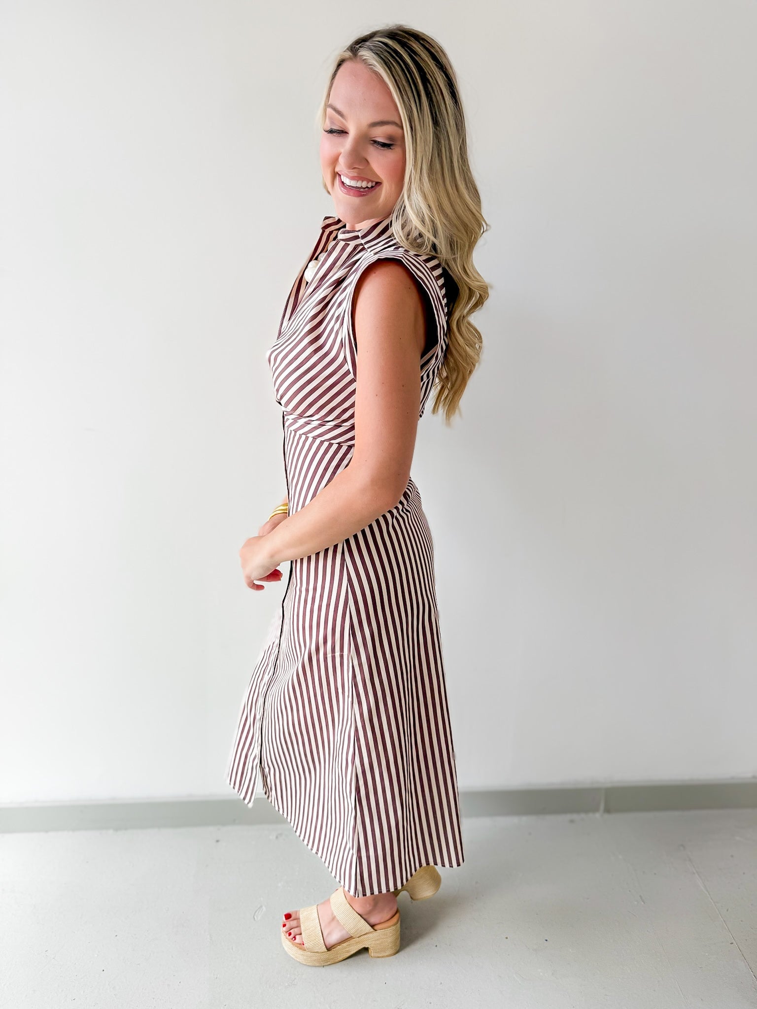 Flutter Sleeve Stripe Dress - Brown/white