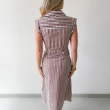 Flutter Sleeve Stripe Dress - Brown/white