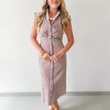 Flutter Sleeve Stripe Dress - Brown/white