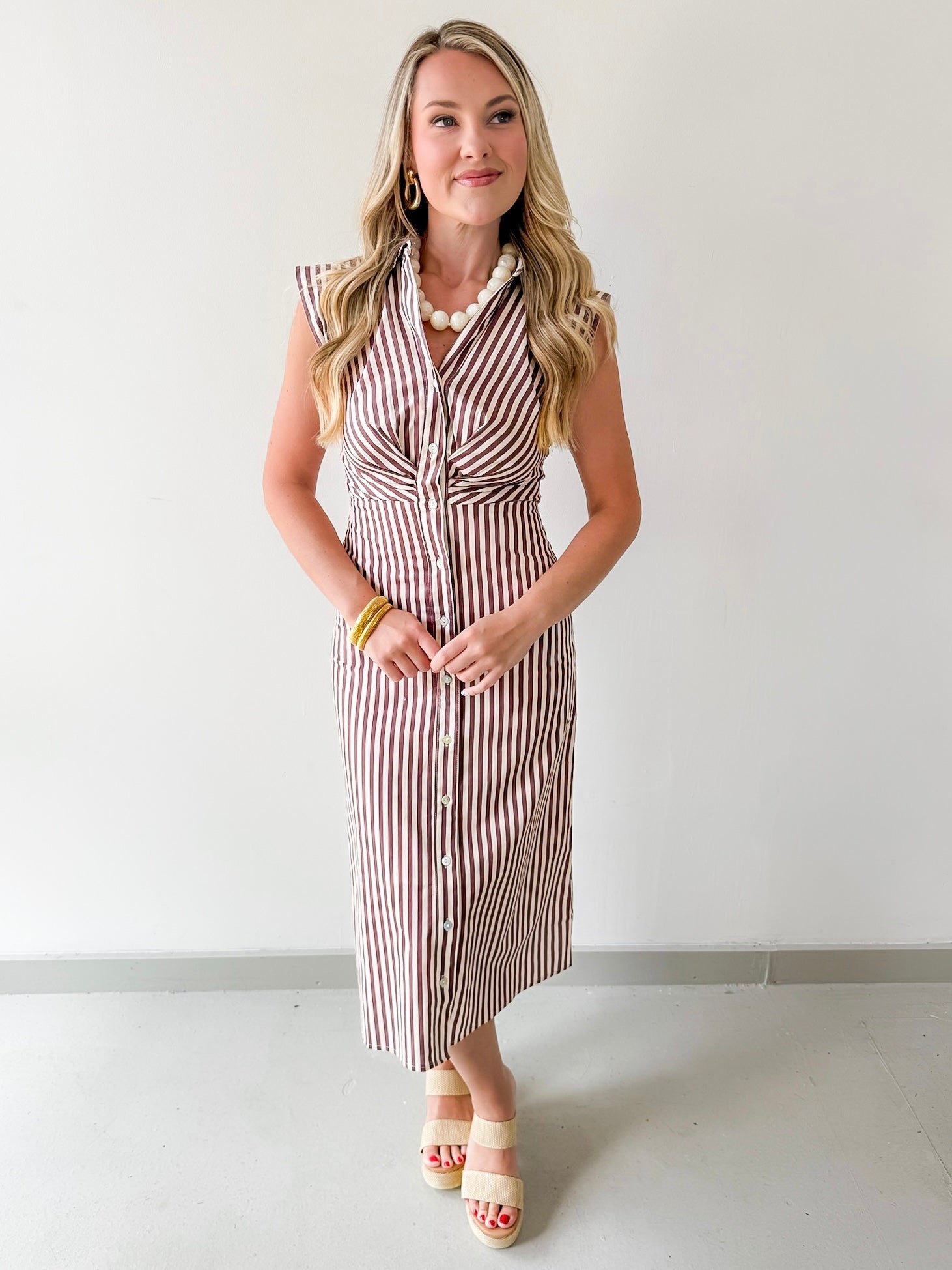 Flutter Sleeve Stripe Dress - Brown/white