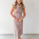 Flutter Sleeve Stripe Dress - Brown/white