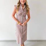 Flutter Sleeve Stripe Dress - Brown/white