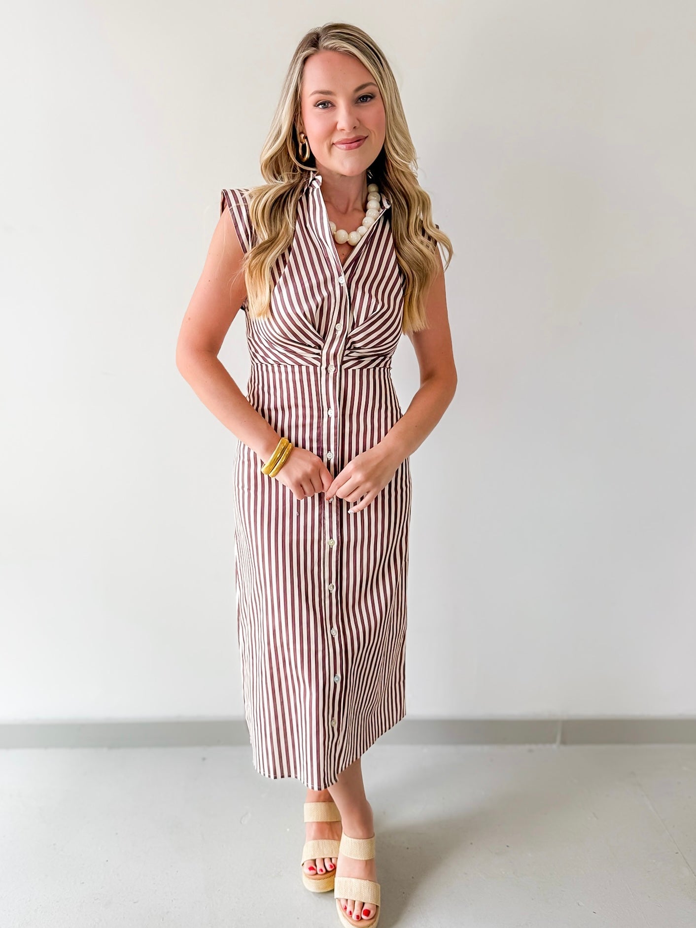Flutter Sleeve Stripe Dress - Brown/white