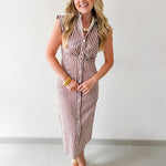 Flutter Sleeve Stripe Dress - Brown/white