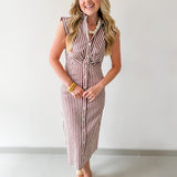 Flutter Sleeve Stripe Dress - Brown/white