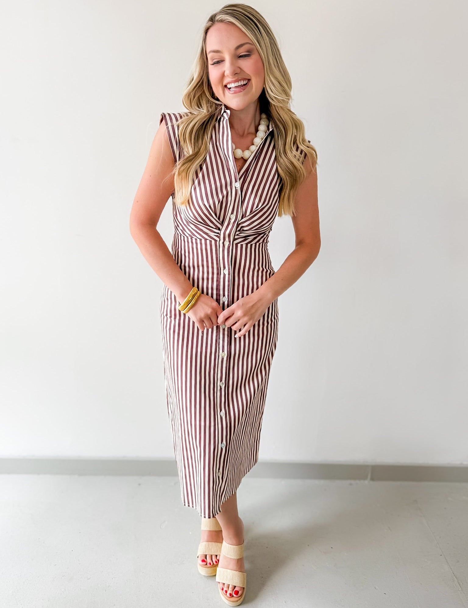 Flutter Sleeve Stripe Dress - Brown/white