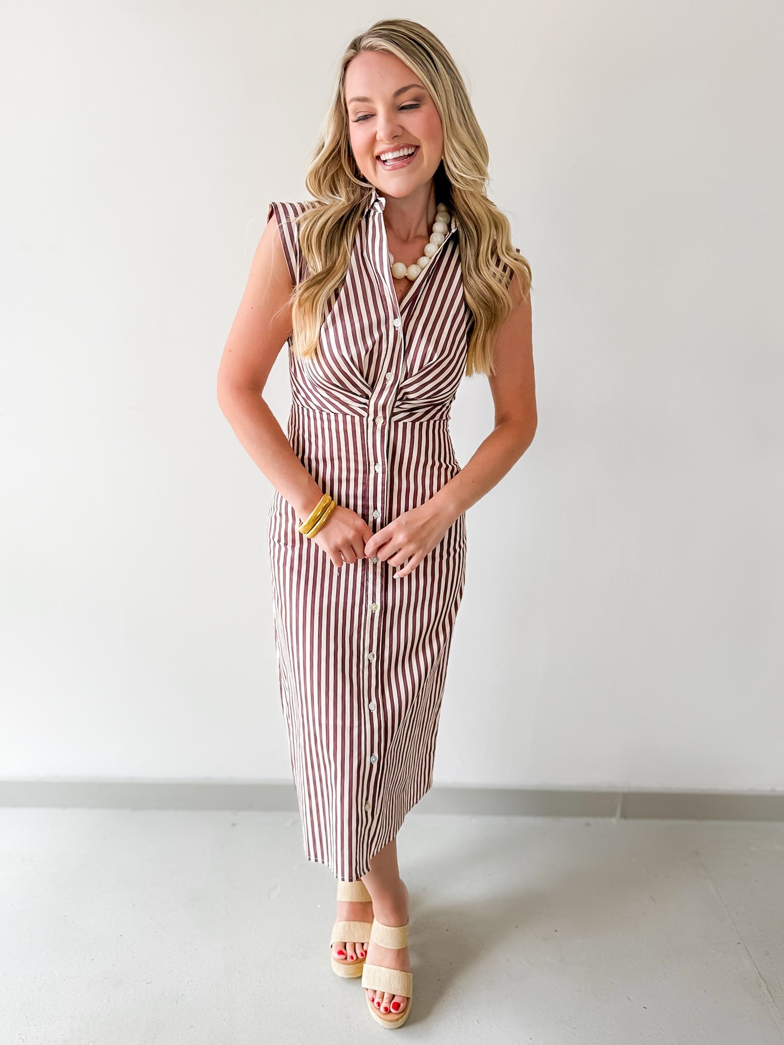 Flutter Sleeve Stripe Dress - Brown/white