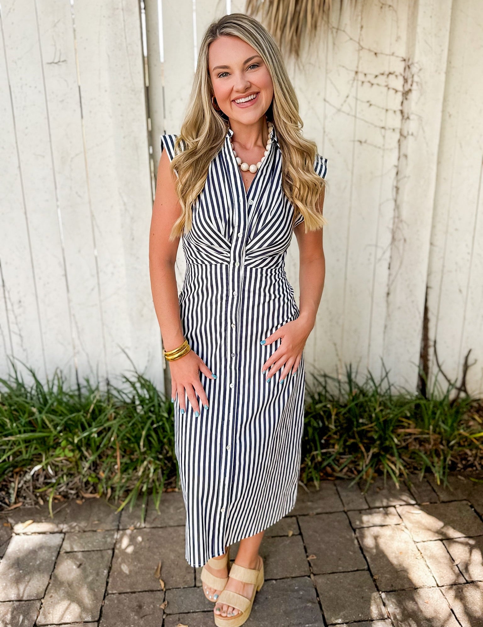 Flutter Sleeve Stripe Dress - Navy/white