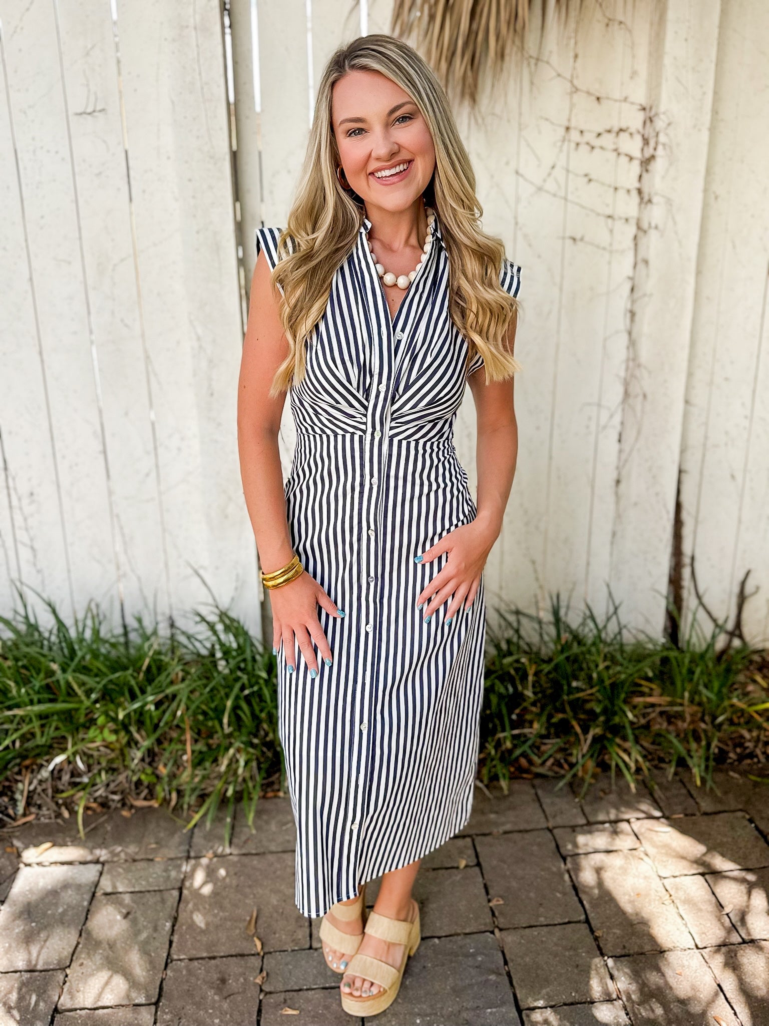 Flutter Sleeve Stripe Dress - Navy/white