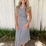 Flutter Sleeve Stripe Dress - Navy/white
