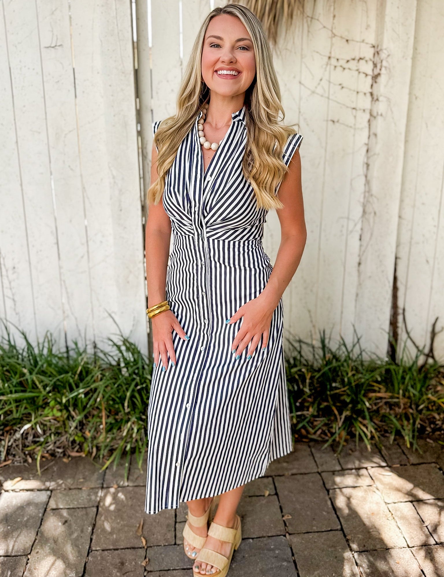 Flutter Sleeve Stripe Dress - Navy/white