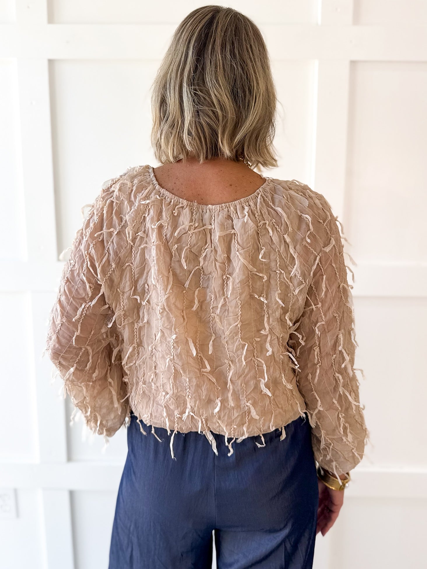 Fray + Striped Airy Chiffon Top- Almond