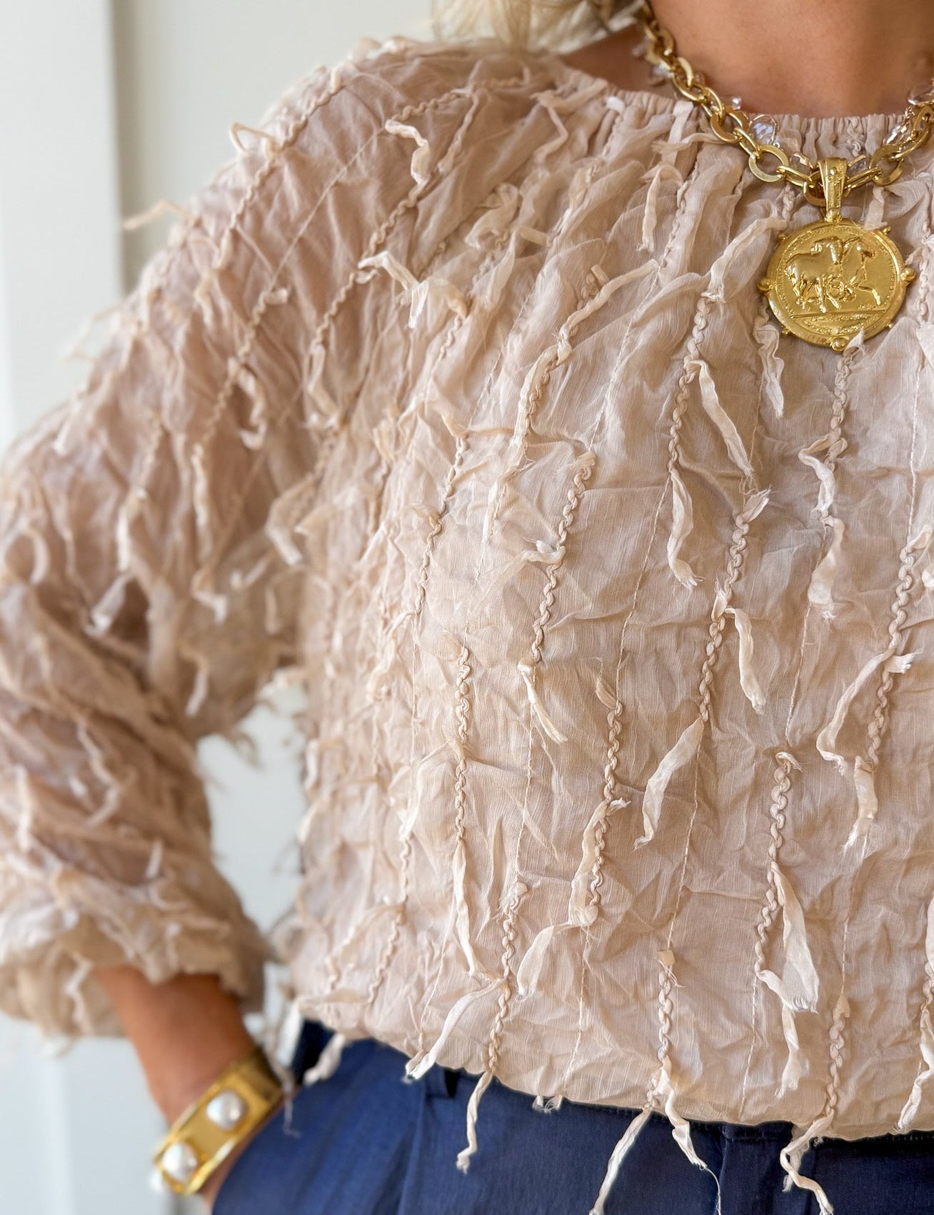 Fray + Striped Airy Chiffon Top- Almond