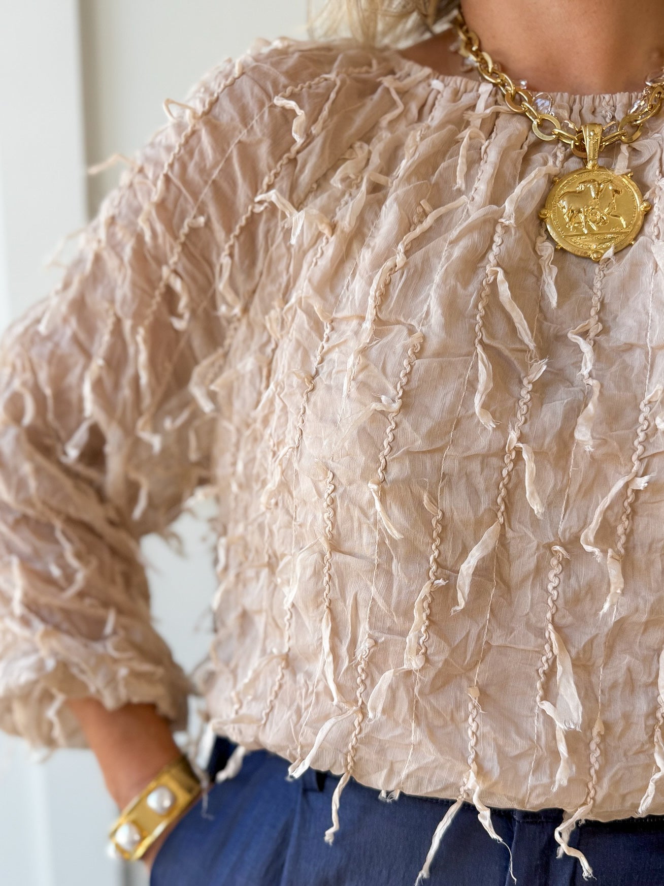 Fray + Striped Airy Chiffon Top- Almond
