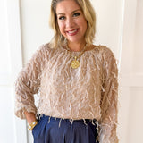 Fray + Striped Airy Chiffon Top- Almond