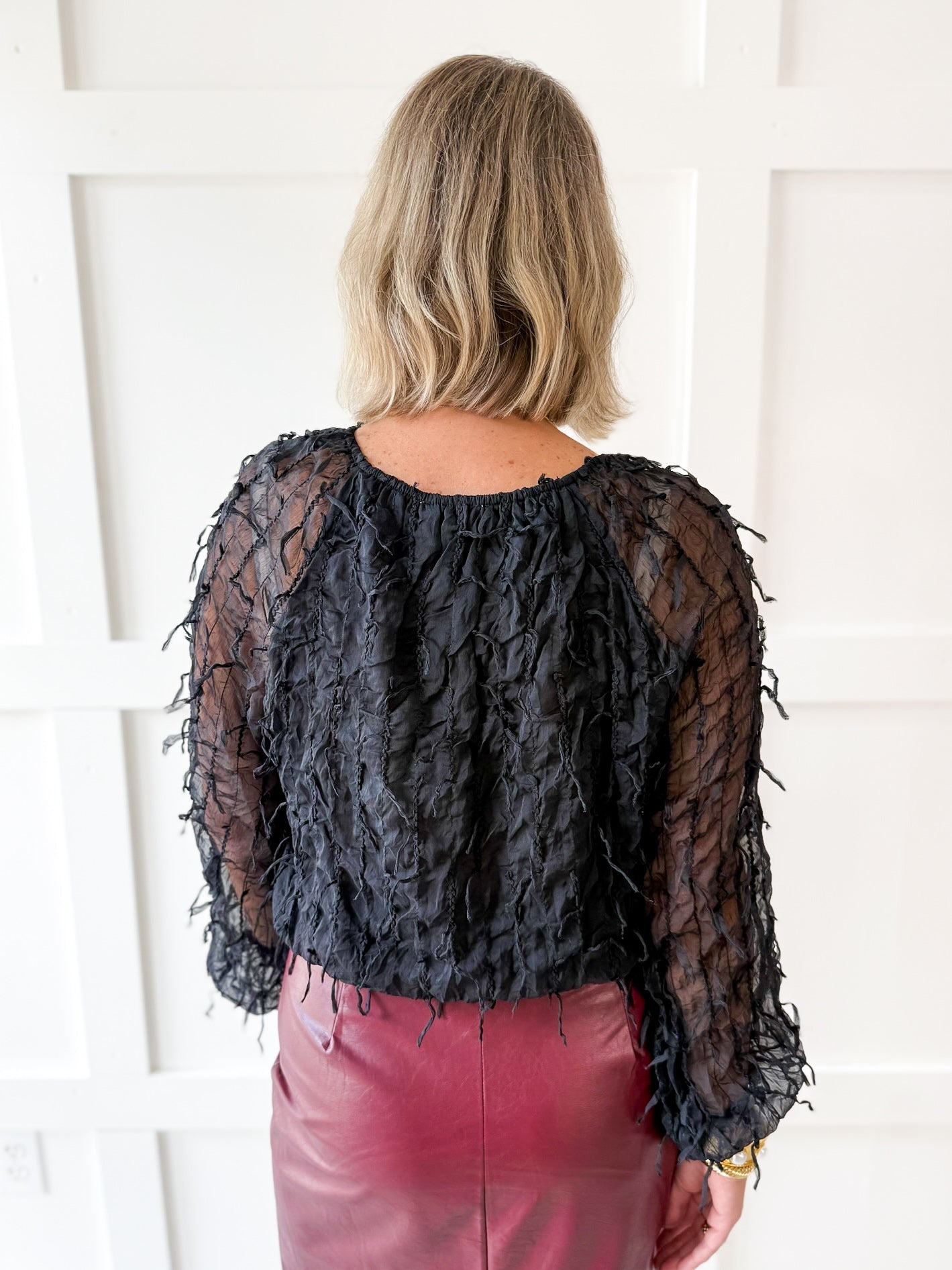 Fray + Striped Airy Chiffon Top- Black