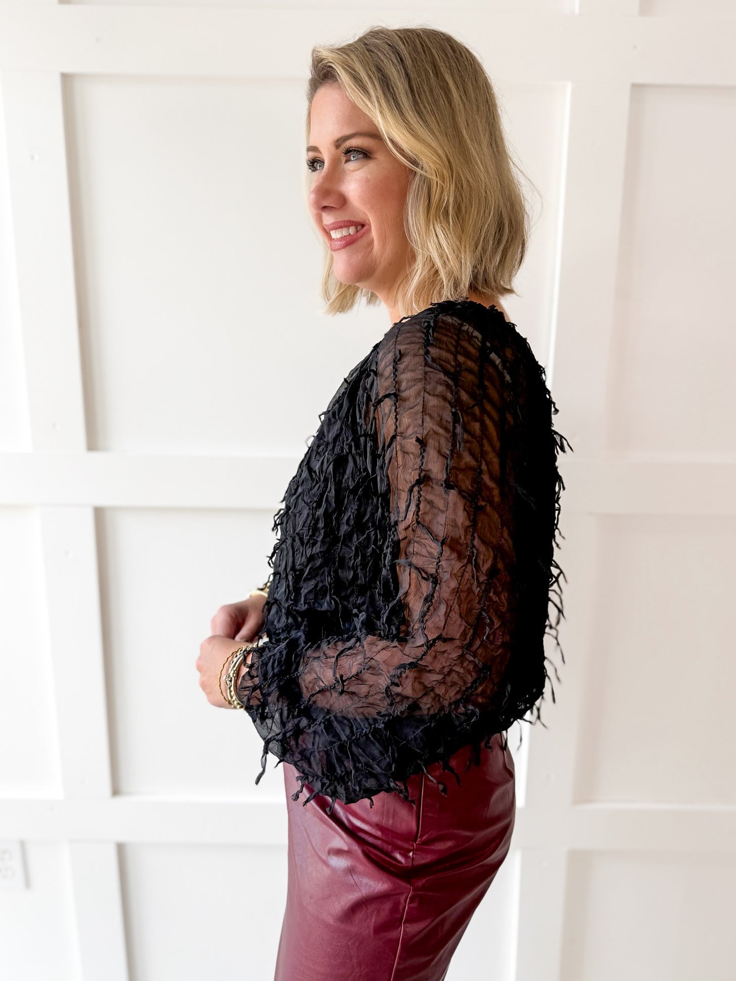 Fray + Striped Airy Chiffon Top- Black