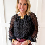 Fray + Striped Airy Chiffon Top- Black