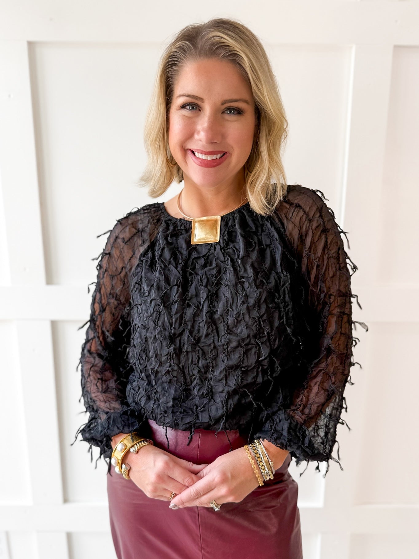Fray + Striped Airy Chiffon Top- Black
