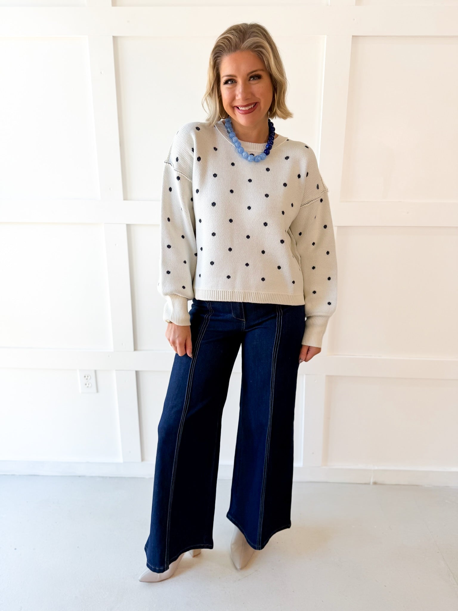 French Polka Dot Sweater- White/Navy
