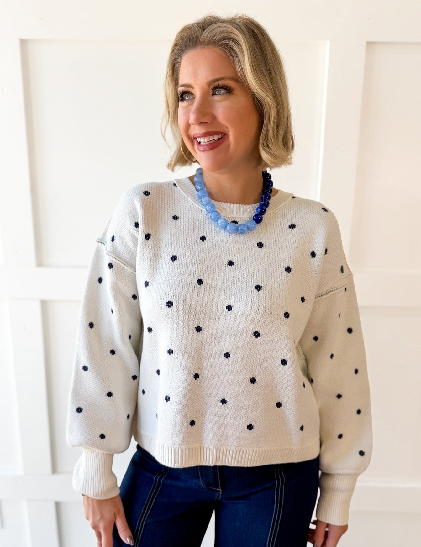French Polka Dot Sweater- White/Navy