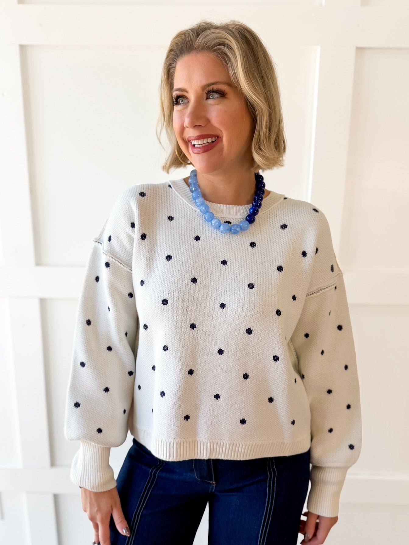 French Polka Dot Sweater- White/Navy