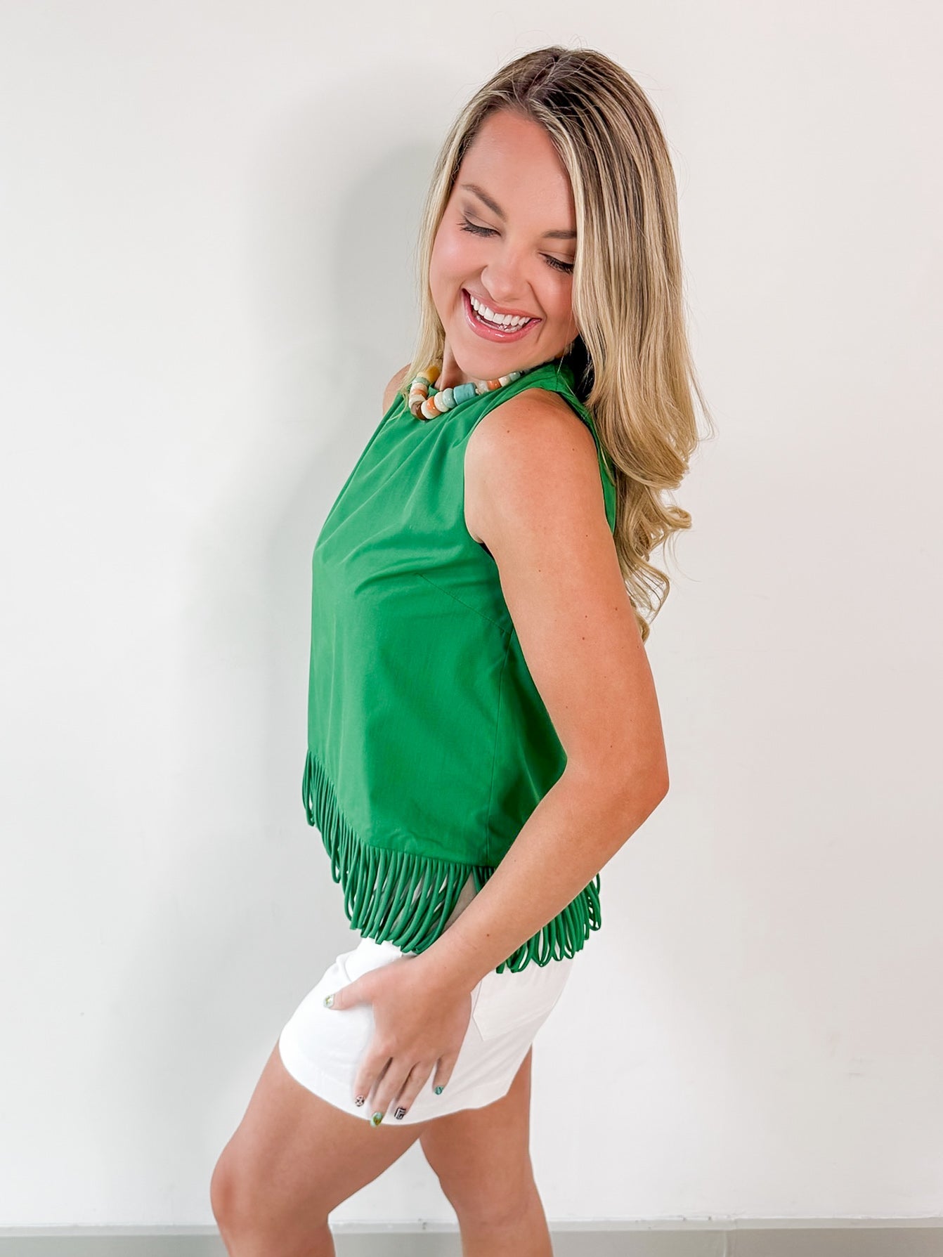 Fringe Hem Sleeveless Top - Green
