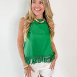 Fringe Hem Sleeveless Top - Green