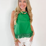 Fringe Hem Sleeveless Top - Green