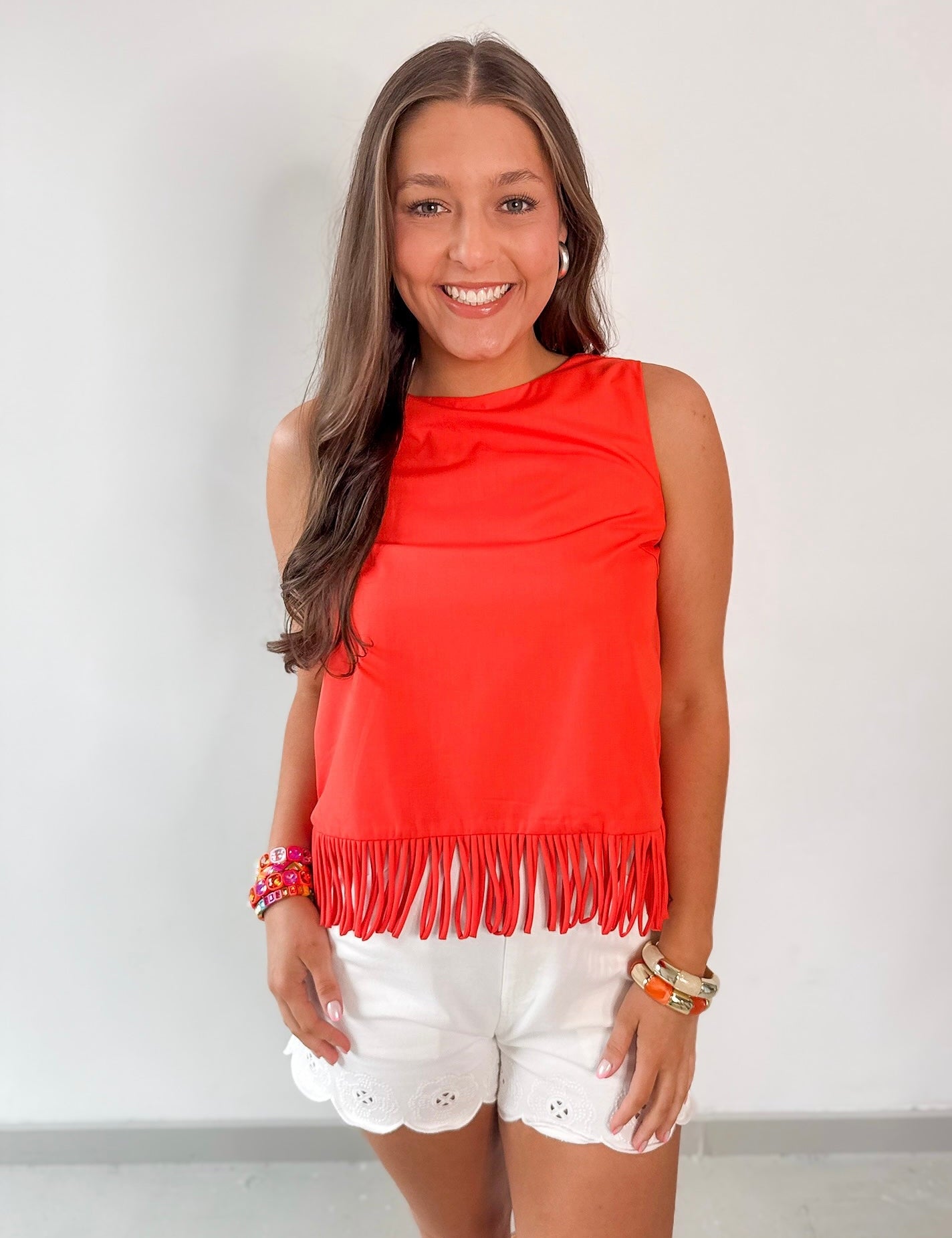 Fringe Hem Sleeveless Top - Orange