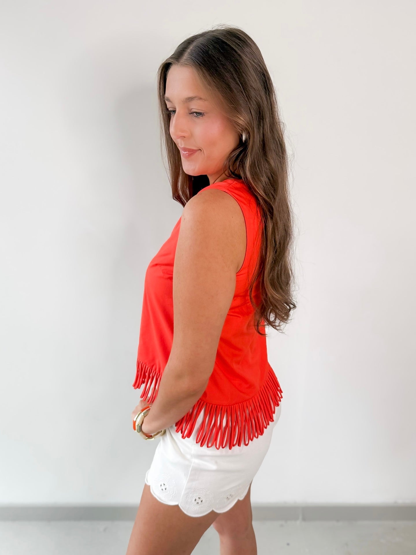 Fringe Hem Sleeveless Top - Orange