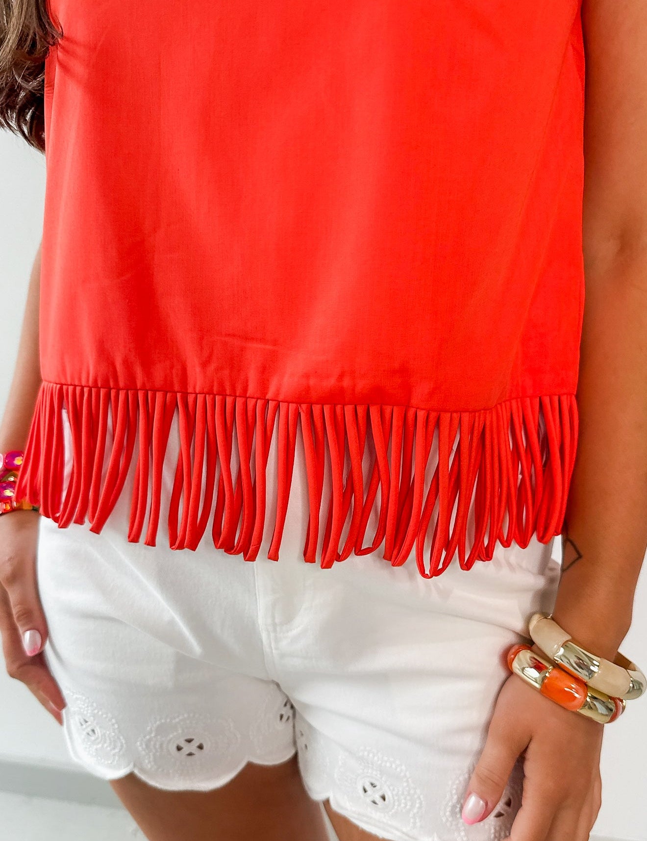 Fringe Hem Sleeveless Top - Orange