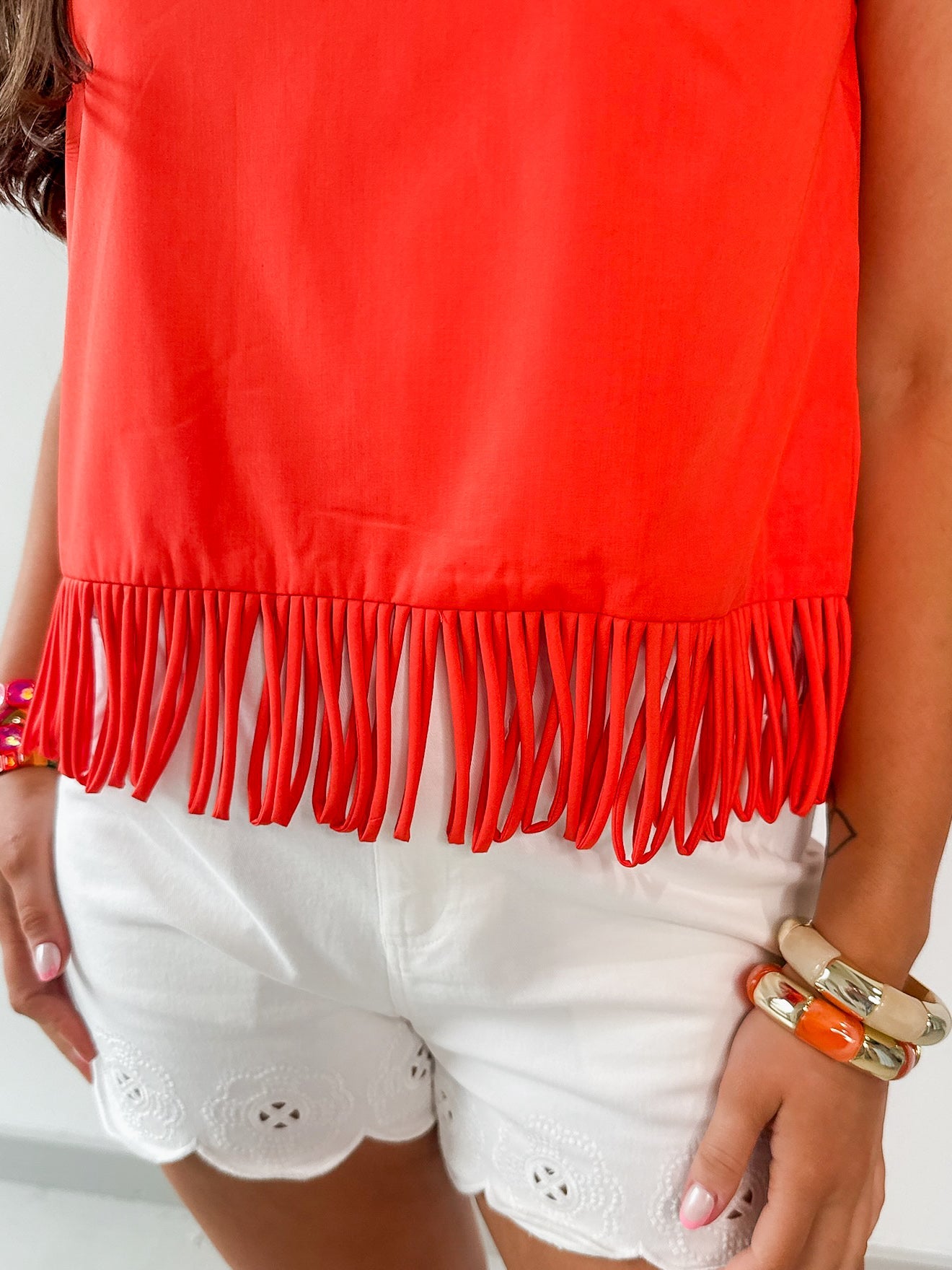 Fringe Hem Sleeveless Top - Orange